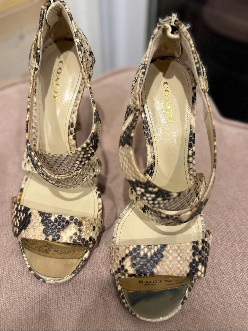 Coach Snakeskin Print Leather Ankle Strap Stiletto Heels Size 6.5B Open Toe
